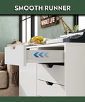 White Five Drawer Wood Storage Cabinet With Wheels, open drawer view, in a home office setting with printer on top.
