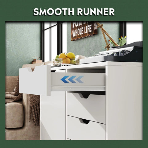 White Five Drawer Wood Storage Cabinet With Wheels, open drawer view, in a home office setting with printer on top.