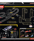 Back of Electric Powered Slot Car Race Set With 29 Feet Of Track Two Loops Flyover And Banked Curves 1 To 43 Scale DTM Giants