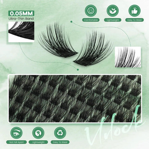 Enchantress Lash Clusters Kit For DIY Lash Extensions, ultra-thin band detailed view, 0.05mm thickness, top view layout