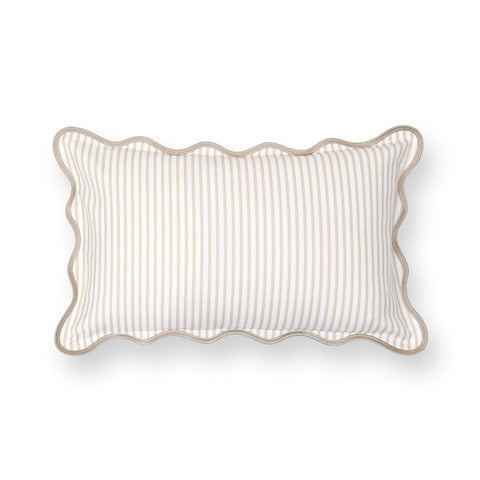 Coastal Lumbar Pillow Cover 12x20 Inches, Water-Repellent Indoor Outdoor, Scalloped Edge, Neutral Tan Stripe Pattern For Patio