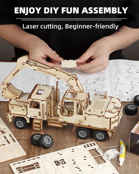 Person assembling 3D Wooden Excavator Puzzle Kit For Adults Build A Realistic Mechanical Model With 177 Laser Cut Parts