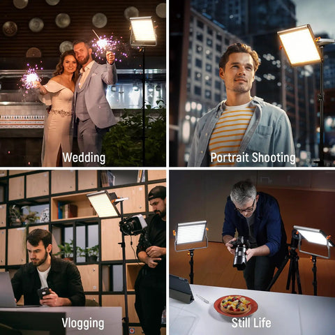Dimmable Bi Color LED Video Light Kit With 480 LEDs Per Light 3200K To 5600K CRI 96 Plus U Bracket And 75 Inch Tripod Stand in use at various events including weddings, portraits, vlogging, and still life photography.