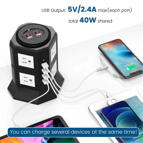 Beefy Power Strip Tower With Eight Outlets And Four USB Ports 3000W 15A Heavy Duty charging multiple devices on desk