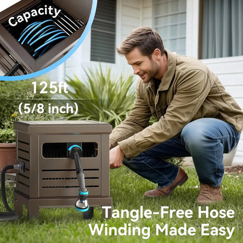 Heavy Duty Hose Reel With Never Leak System Metal Deck Box Hideaway For 125 Feet 5 8 Inch Hose Manual Crank Hose Guide Perfect For Yards Patios And Garden Sheds, person demonstrating use