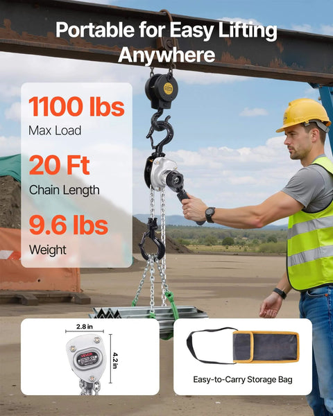 Manual Lever Chain Hoist 1/2 Ton 1100 Lb Capacity With G80 Chain in use by worker at construction site