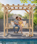 Couple sitting on Cedar Wood Outdoor Pergola Swing Bench With Stand And Canopy Three Seat Patio Hammock Swing Set in backyard
