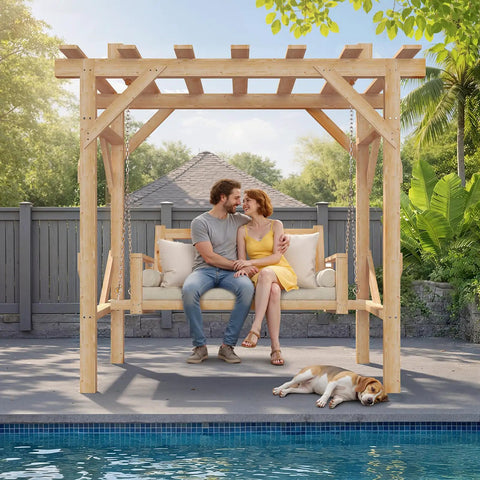 Couple sitting on Cedar Wood Outdoor Pergola Swing Bench With Stand And Canopy Three Seat Patio Hammock Swing Set in backyard