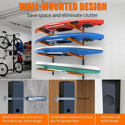 Wall Mounted Kayak Storage Rack For Indoor Outdoor Spaces Boasts Heavy Duty Steel Construction With Powder Coated Finish That Holds Two Watercraft Without Breaking A Sweat, showcasing four kayaks on a wall.