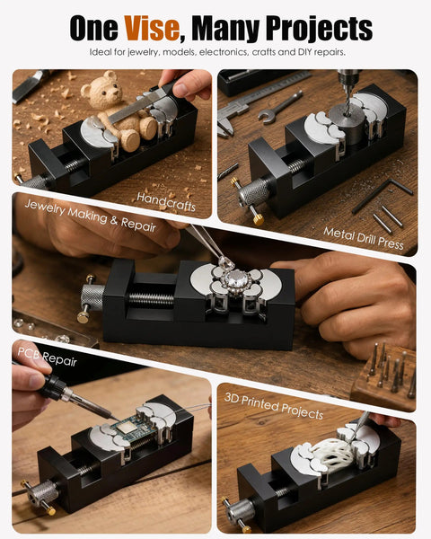 Heavy Duty Fractal Vise Giving You A Sweet Knockout Grip For Drill Press And Bench Clamping Smooth No Sweat Operation With Portable Table Jaws For Woodworking Metal And Irregular Shapes That Definitely Impress Your Crew, showcasing various projects being held.