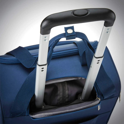 Handle and storage pocket of Underseat Carry On Spinner With USB Port, Ocean Color, Four Wheel Luggage For Quick Access Under Most Airline Seats
