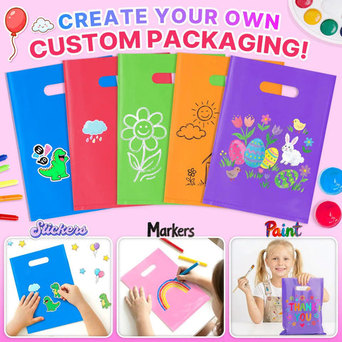 50 Pack Multicolor Party Favor Gift Bags 8x11 Inches With Handles Reusable Plastic Goodie Bags decorated for parties.