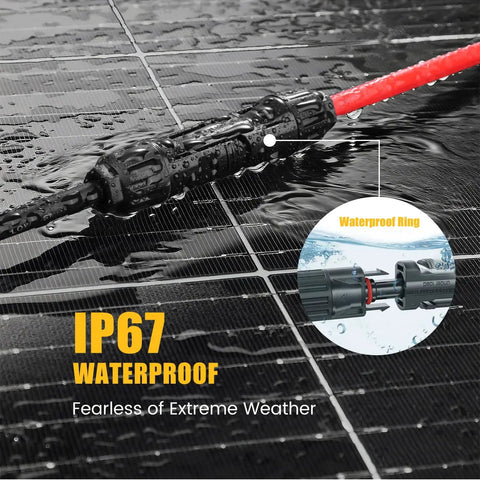 Y Branch Solar Panel Connector Kit 1 To 4 Parallel PV Adapter Cable shown on wet solar panel demonstrating IP67 waterproof feature.