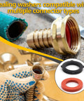 Close-up of hose connector and sealing washers from 160 Piece Hose Bib Washer and Faucet Washer Kit With 14 Sizes Includes Hose Gaskets Flat and Beveled Rubber Washers Brass Bibb Screws for Outdoor Spigot Garden Valve Leak Prevention Diy Friendly.