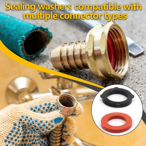 Close-up of hose connector and sealing washers from 160 Piece Hose Bib Washer and Faucet Washer Kit With 14 Sizes Includes Hose Gaskets Flat and Beveled Rubber Washers Brass Bibb Screws for Outdoor Spigot Garden Valve Leak Prevention Diy Friendly.
