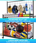 All In One Garage Gear Organizer With Rolling Cart Ball Rack Hooks Bins And Wire Basket Keeps Basketballs Baseball Gear And Toys Neatly Stored In Black with helmets, hats and balls.