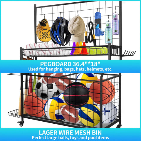 All In One Garage Gear Organizer With Rolling Cart Ball Rack Hooks Bins And Wire Basket Keeps Basketballs Baseball Gear And Toys Neatly Stored In Black with helmets, hats and balls.