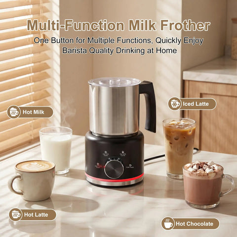 Electric Milk Frother And Steamer 16.9 Oz Four In One Silent And Durable Dishwasher Safe Foam Maker, displayed on kitchen counter.