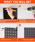 Installation steps for Heavy Duty Black Metal Pegboard Panels Set, 6 Pack 12 By 12 Inch Wall Organizer with drill and screws.