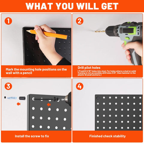 Installation steps for Heavy Duty Black Metal Pegboard Panels Set, 6 Pack 12 By 12 Inch Wall Organizer with drill and screws.