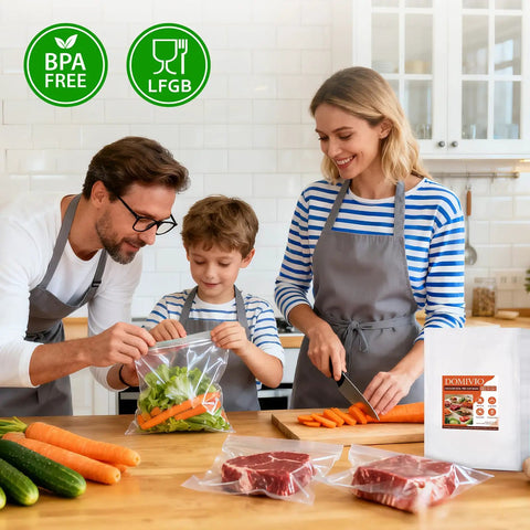 Family meal prep with 8 By 12 Inch Vacuum Sealer Bags Pre Cut Quart Size, BPA-free, storing fresh vegetables and meat