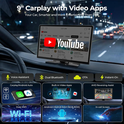 9 Inch Wireless Apple CarPlay Screen With Backup Camera And Built In Netflix YouTube And TikTok displaying YouTube interface