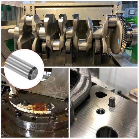 Five Sixteenth Inch Dowel Pins, One Inch Length, Heat Treated Alloy Steel used in machinery assembly, precise alignment visible.