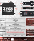 Beefy 45Kg Coreless Servo For RC Cars And Boats with waterproof digital stainless gear, 25T servo horn, and 180-degree steering chart