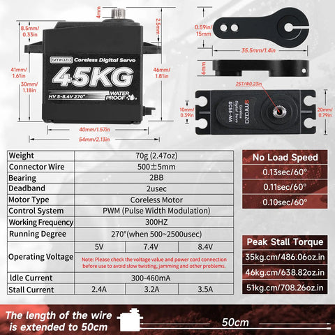 Beefy 45Kg Coreless Servo For RC Cars And Boats with waterproof digital stainless gear, 25T servo horn, and 180-degree steering chart