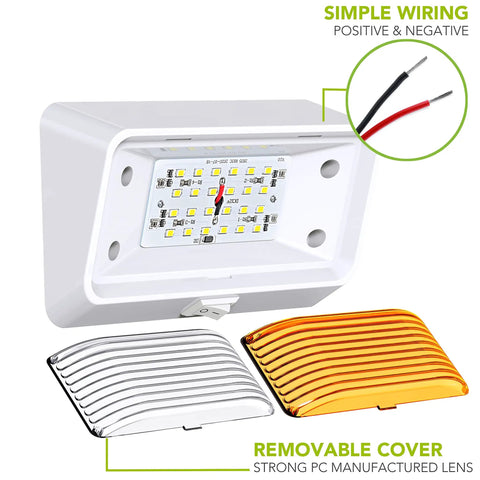 Rugged 12V LED RV Exterior Porch Light With Switch, 300 Lumen Ultra Bright Fixture, shown with clear and amber lenses