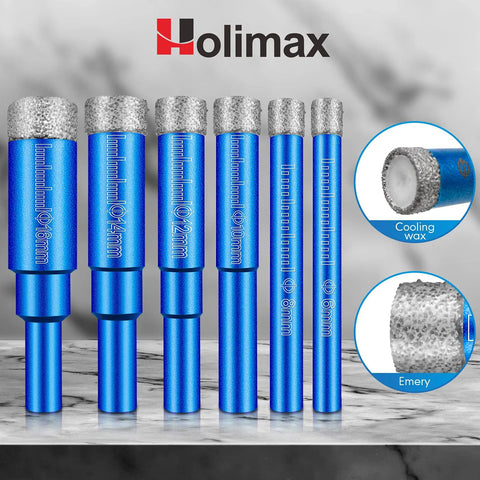 Dry Diamond Drill Bit Set Six Piece Hole Saw Kit for Granite Marble Porcelain Tile Ceramic Stone and Glass with round shanks