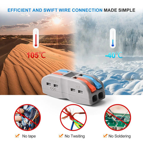 Lever Nut Wire Connectors Kit 50Pcs 2 Conductor 2 In 2 Out Inline Splices showcasing temperature range and no soldering setup.