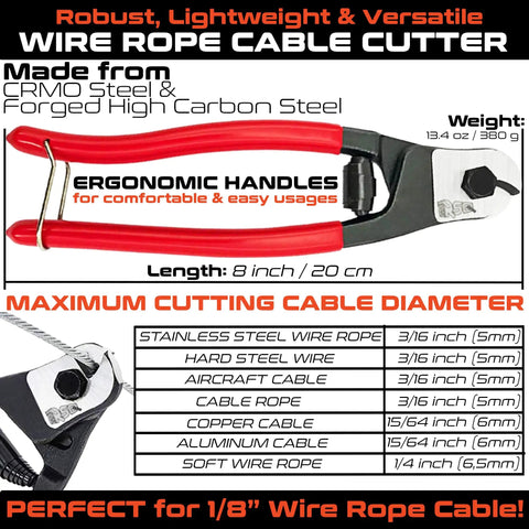 Heavy Duty 8 Inch Wire Rope Cutter for DIY Projects Railing Decking and Bicycle Cable Use No Sweat One Hand Operation Steel Cable Cutter