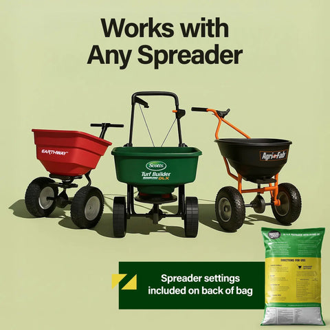 Three spreaders suitable for 16-4-8 With Humates Lawn Fertilizer For Grass Covers 11,000 Sq Ft, beside a 40 lb bag
