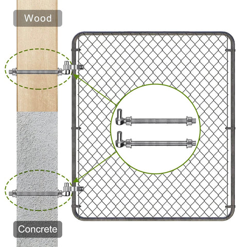 Stainless Steel J Bolt Gate Hinge 304 Grade Post Hinge For Farm Gate and Chain Link Fence Gate showing wood and concrete installation