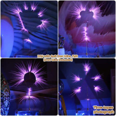 Purple light arcs from the Bluetooth Music Tesla Coil Arc Plasma Loudspeaker Desktop Experiment Toy Model SSTC SS02 showcasing patterns.