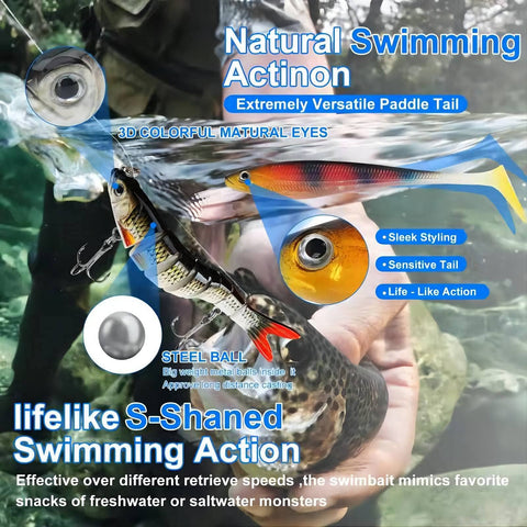 Angler holding All In One Fishing Lures Tackle Box Kit With Animated Lure Crankbaits Spinnerbaits Soft Plastic Worms Topwater Lures Hooks.