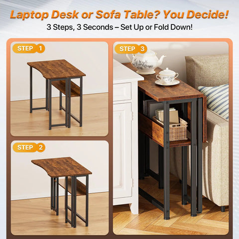 Foldable Computer Desk With Storage Shelf For Small Spaces Space Saving Sofa Table Beside The Couch Easy To Fold Rustic Brown Finish