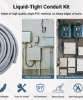 Heavy Duty 1/2 Inch 100 Ft Liquid Tight PVC Electrical Conduit Kit displayed with smooth gray tubing and installed fittings.