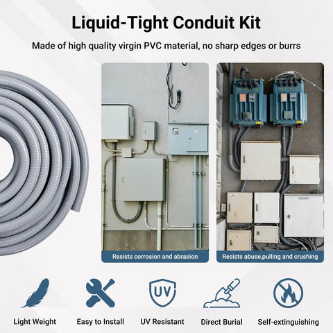 Heavy Duty 1/2 Inch 100 Ft Liquid Tight PVC Electrical Conduit Kit displayed with smooth gray tubing and installed fittings.