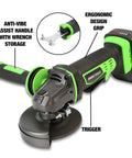 Heavy Duty Four Inch Cordless Angle Grinder With 20V Lithium Ion Battery and 4 Amp Hour Power Pack showing ergonomic design grip and anti-vibe handle.