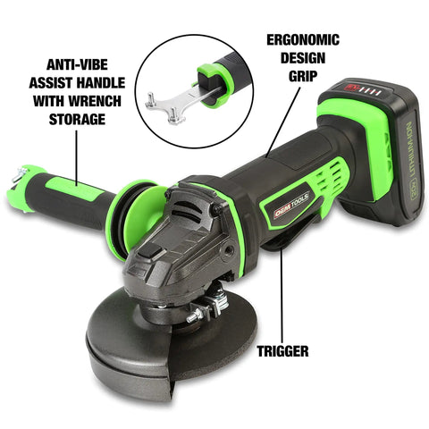 Heavy Duty Four Inch Cordless Angle Grinder With 20V Lithium Ion Battery and 4 Amp Hour Power Pack showing ergonomic design grip and anti-vibe handle.