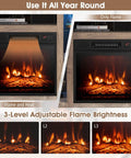 Corner Electric Fireplace TV Stand With Heater And LED Lights showing adjustable flame brightness levels, cozy media console