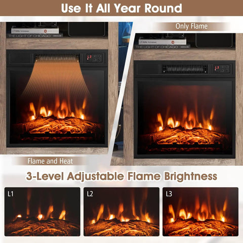 Corner Electric Fireplace TV Stand With Heater And LED Lights showing adjustable flame brightness levels, cozy media console
