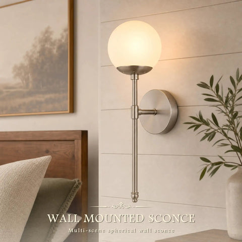 KoKo&Yukina 2 Pack Nickel Mid Century Wall Sconce Bedroom Bulb Included with spherical white globe and brushed nickel finish.