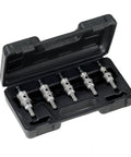 Tough As Nails Five Piece Carbide Tipped Hole Cutter Set With Tungsten Teeth, steel cutters in storage case.