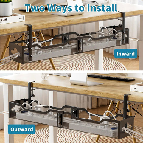Under Desk Cable Management Tray Clamp On 25 Inch Wire Organizer for Office and Home, two installation methods shown.