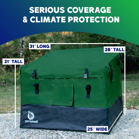 76 Gallon Waterproof Outdoor Deck Box With Tough Tarpaulin Cover For All Weather Storage 31W x 26D x 21 To 28H Green on patio