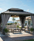 10x12 Ft hard top aluminum frame gazebo with double roof canopy for patios backyards decks and lawns gray built to last with curtains and netting