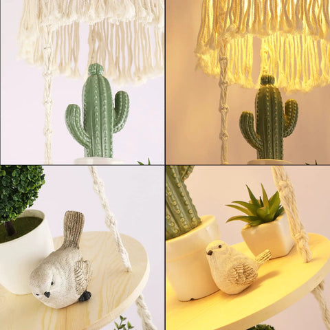 Close-up of a decorative scene with a macrame hanging light next to a potted cactus and bird ornaments, warm glow ambiance.